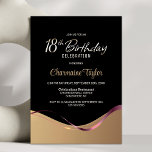 Black Gold 18th Birthday Party Invitation<br><div class="desc">This modern black and gold 18th birthday party invitation radiates simple elegance and sophistication. Its design features a black and gold colour scheme, separated by a fluid wave and a stylish pink ribbon that flows from one side to the other. The customisable text area allows you to effortlessly include all...</div>