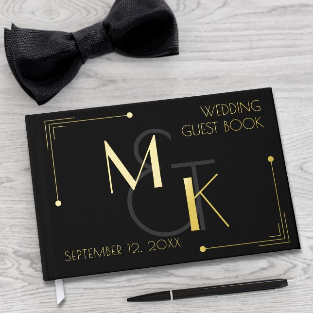 Black Gold 1920s Gatsby Wedding Foil Guest Book (Art deco inspired real foil wedding guest book. Just add your initials and wedding date)