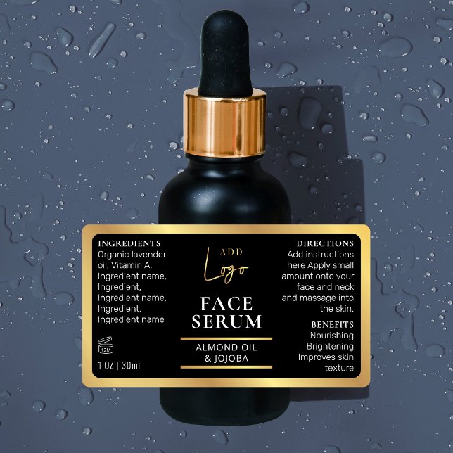 Black & Gold 1 OZ 30ml Cosmetic Bottle Waterproof (Waterproof 1 OZ cosmetic dropper bottle wrapper labels in black and faux gold *verify size*)