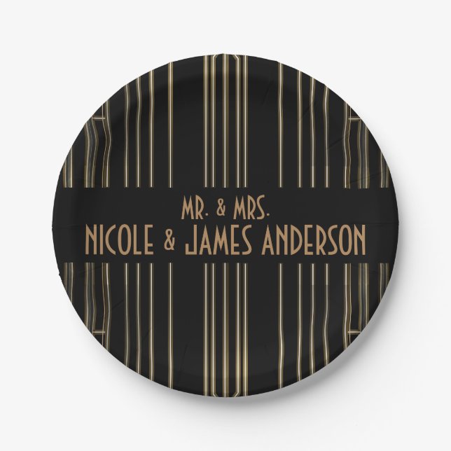 Black & Gold 20's Art Deco Gatsby Custom Wedding Paper Plate (Front)