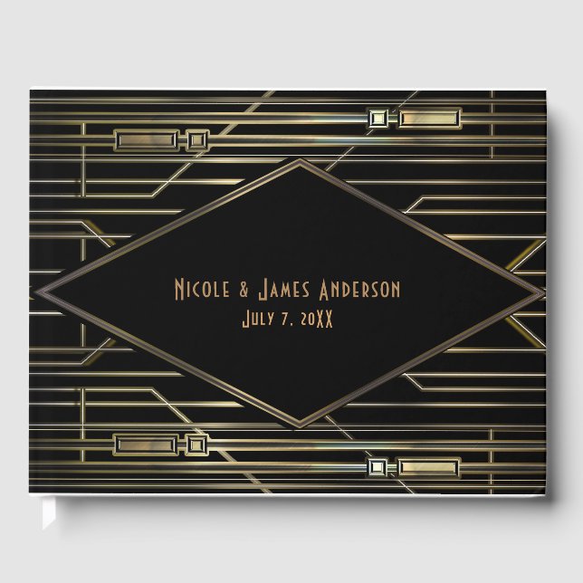 Black & Gold 20's Art Deco Gatsby Glam Wedding Guest Book (Front)