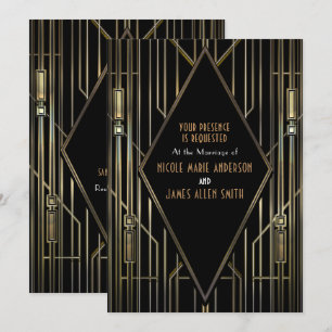 Black & Gold 20's Art Deco Gatsby Glam Wedding Invitation