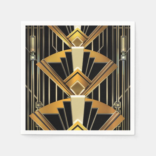 Black & Gold 20's Art Deco Gatsby Glam Wedding Napkin (Front)