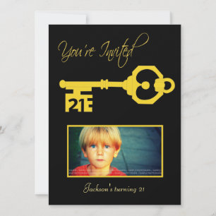 Black & Gold 21st Birthday Party Key Invitation