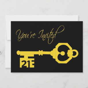 Black & Gold 21st Birthday Party Key Invitation