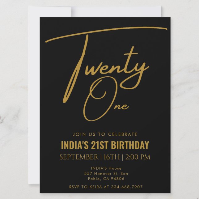 Black & Gold 21st Twenty one Birthday Party  Invitation (Front)