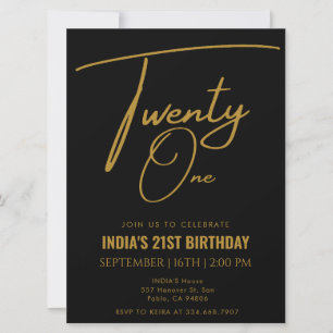 Black & Gold 21st Twenty one Birthday Party  Invitation