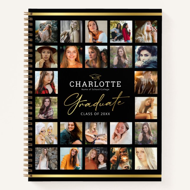 Black Gold 24 Photo Collage Graduation Guest Notebook (Front)