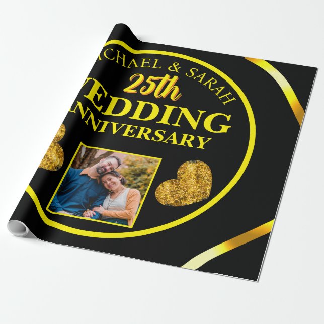  Black Gold 25th Wedding Anniversary Gifts Couples Wrapping Paper (Unrolled)