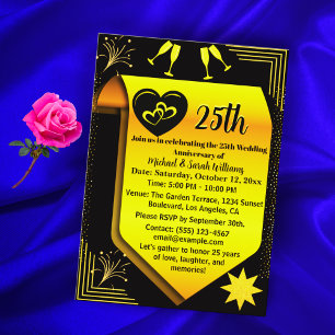Black Gold 25th Wedding Anniversary Simple Modern  Invitation
