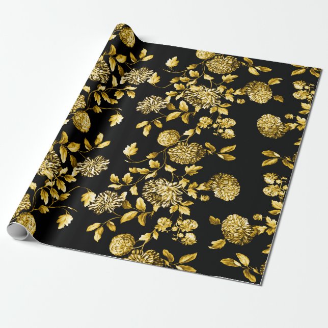 Black Gold 2 Floral Toile Wrapping Paper (Unrolled)