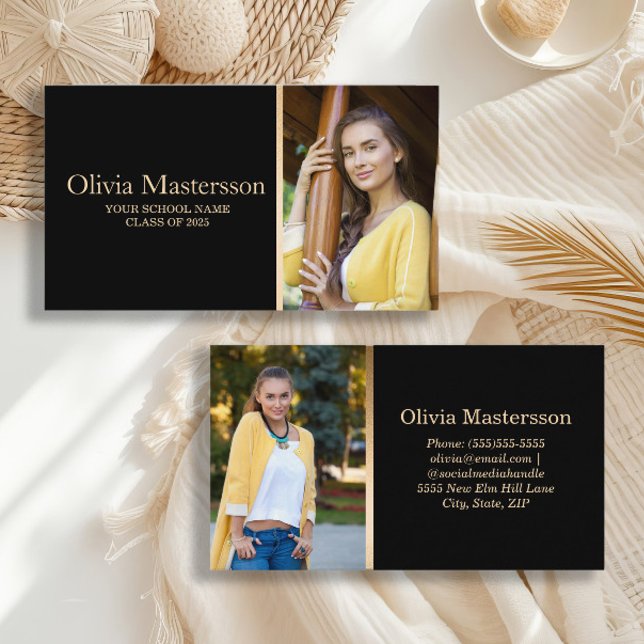 Black Gold 2 Photo Graduate Name Card  (Black and gold high school or college graduation photo calling cards/business cards/insert cards)