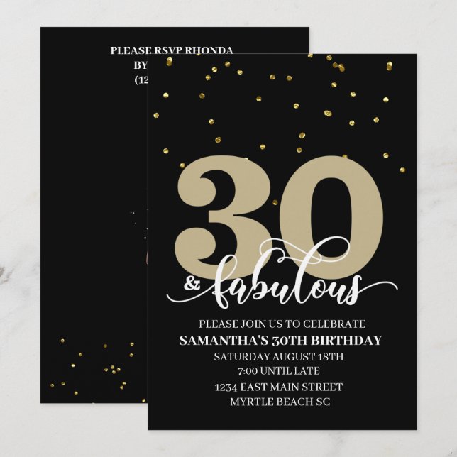 Black Gold 30 and Fabulous Birthday Party  Invitation (Front/Back)