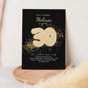Black Gold 30th Balloons Confetti Adult Birthday Invitation