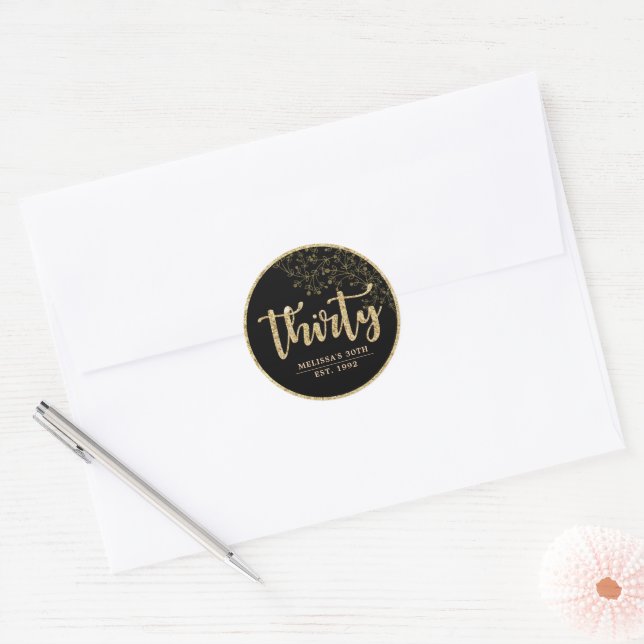 Black & Gold 30th Birthday Party Favour Sticker (Envelope)