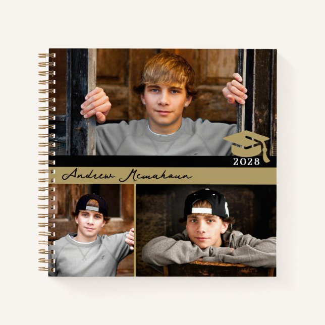 Black & Gold 3 Photo Graduation Guestbook Note Notebook (Front)