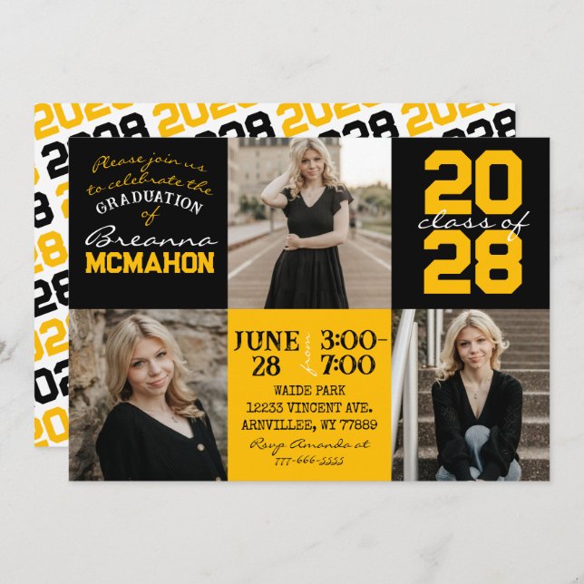 Black & Gold 3 Photo Graduation Invitation (Front/Back)
