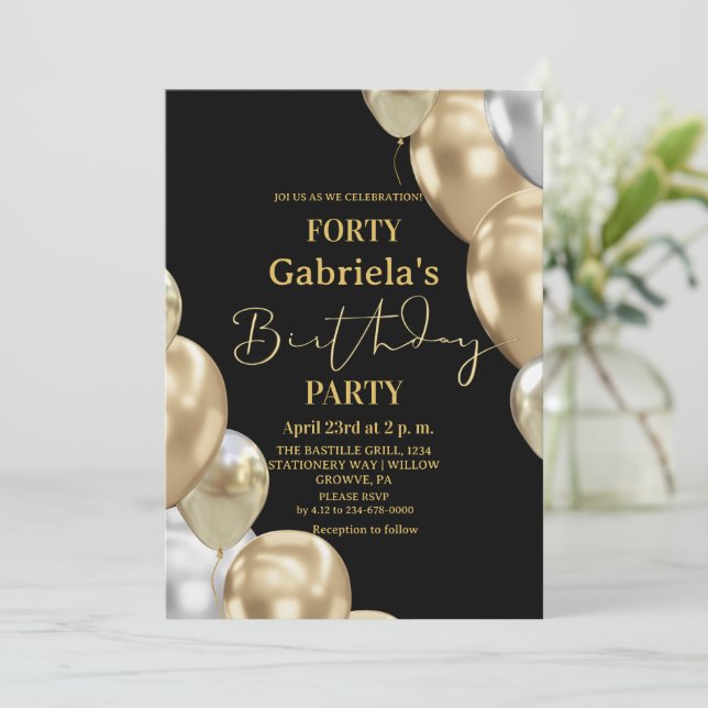 Black Gold 40th Birthday   Invitation (Standing Front)