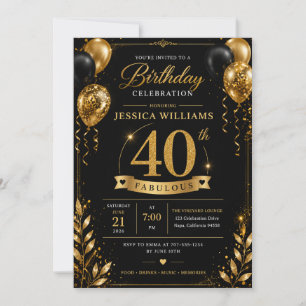 Black Gold 40th Birthday Invitation Glitter Glam