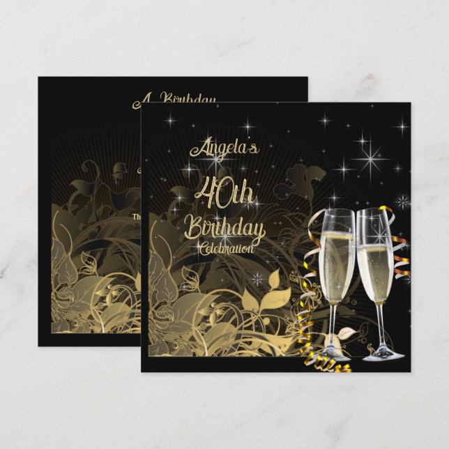 Black & Gold 40th Birthday Party Champagne Glasses Invitation (Front/Back)