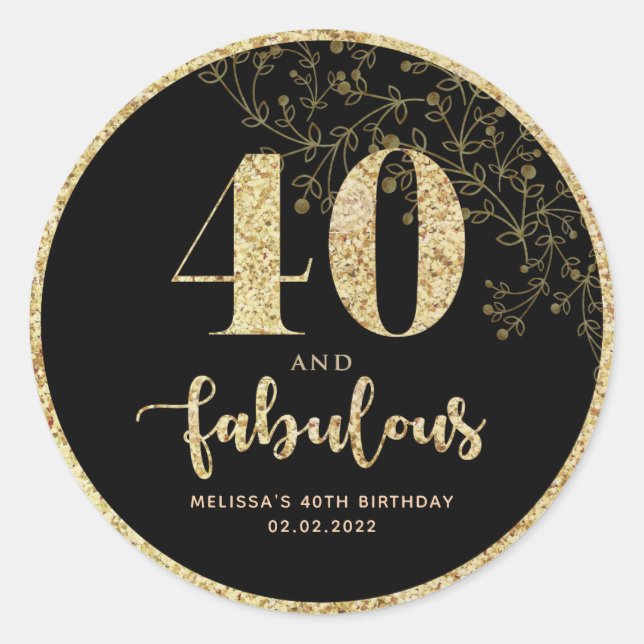 Black & Gold 40th Birthday Party Favour Sticker  (Front)