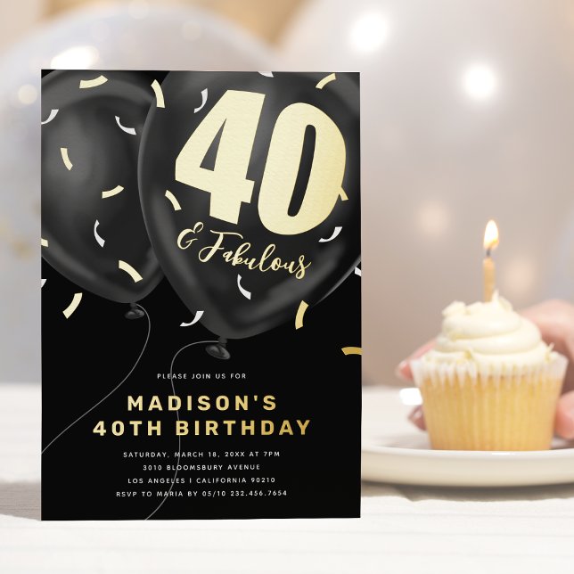 Black Gold 40th Birthday Party Foil Invitation (Creator Uploaded)
