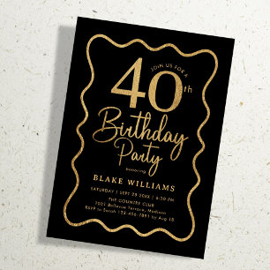 Black Gold 40th Birthday Wavy Border Invitation