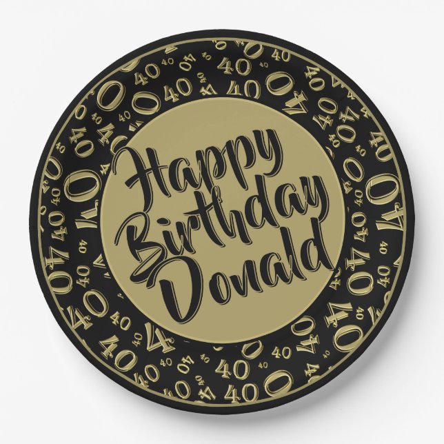 Black/Gold 40th Happy Birthday Number Pattern Paper Plate (Front)