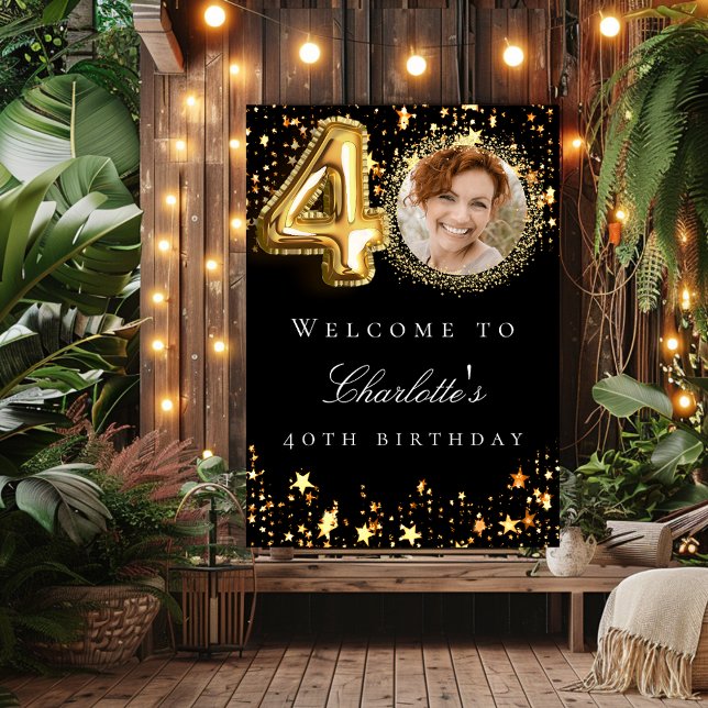 Black gold 40th photo birthday party welcome poster (Creator Uploaded)