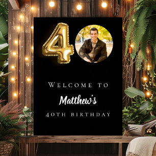 Black gold 40th photo birthday party welcome poster