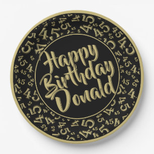 Black/Gold 45th Happy Birthday Number Pattern Paper Plate