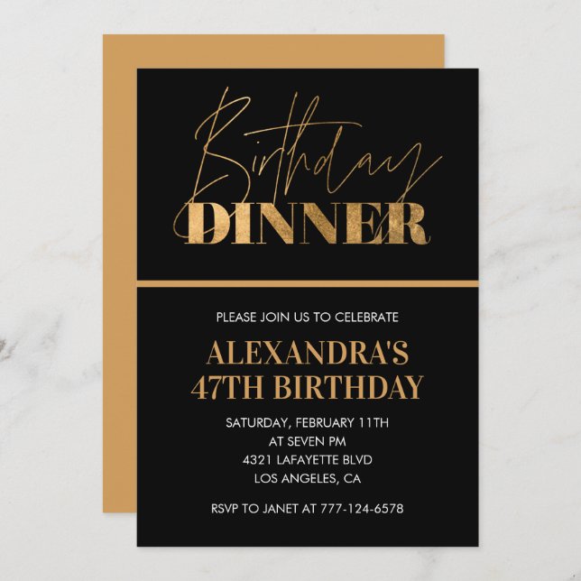 Black Gold 47th birthday invitation Dinner Chic (Front/Back)