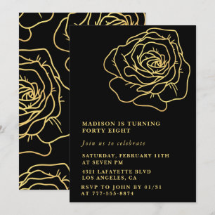 Black Gold 48th birthday invitations Floral