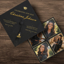 Black & Gold 4 Photo Grad Cap Graduation Party