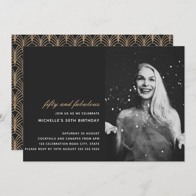 Black Gold 50 and Fabulous Art Deco Photo 50th Invitation (Front/Back)