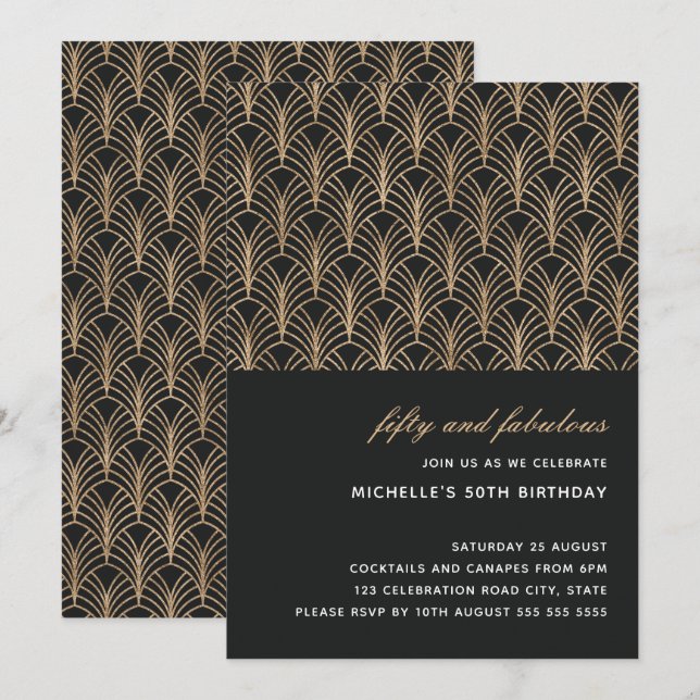 Black Gold 50 and Fabulous Art Deco Photo 50th Invitation (Front/Back)