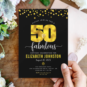 Black Gold 50 Fabulous Birthday Bold Glam Glitter Invitation