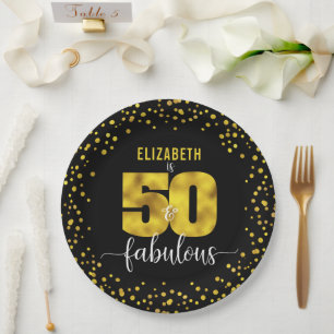 Black gold 50 fabulous birthday glitter dots bold paper plate