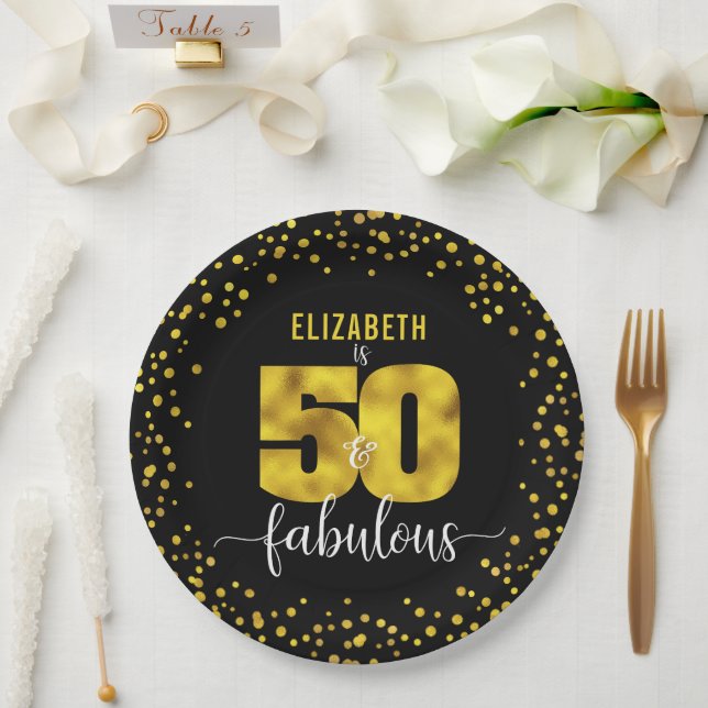 Black gold 50 fabulous birthday glitter dots bold paper plate (Wedding)