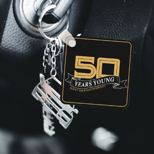 Black & Gold 50 Years Young Banner 50th Birthday Key Ring