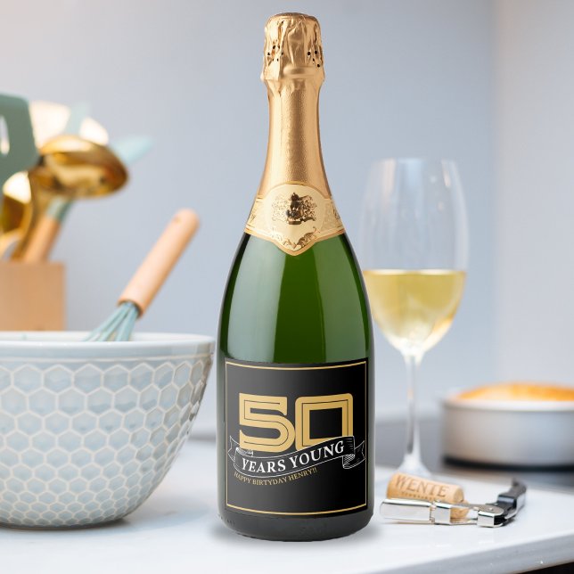 Black & Gold 50 Years Young Banner 50th Birthday Sparkling Wine Label (Black & Gold 50 Years Young Banner 50th Birthday Sparkling Wine Label)
