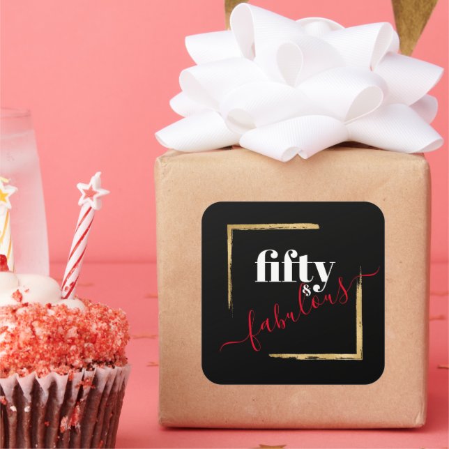 Black & Gold 50th 50 and Fabulous Birthday Square Sticker (Party)