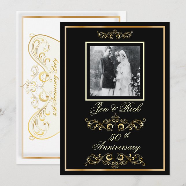 Black + Gold 50th Anniversary, Gold Swirls Photo Invitation (Front/Back)