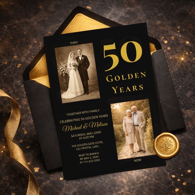 Black Gold 50th Anniversary Then Now Elegant Invitation (Elegant black and gold 50th anniversary invitation flat lay with envelope)