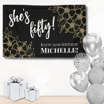 Black Gold 50th Birthday Banner<br><div class="desc">Fifty Black Gold 50th Birthday Party Banner: Make a statement at your event with this stylish 50th birthday banner. Featuring a sophisticated black background adorned with gold flowers, this banner combines classic serif fonts and script typography in white to create a chic look. The text can be personalised to highlight...</div>