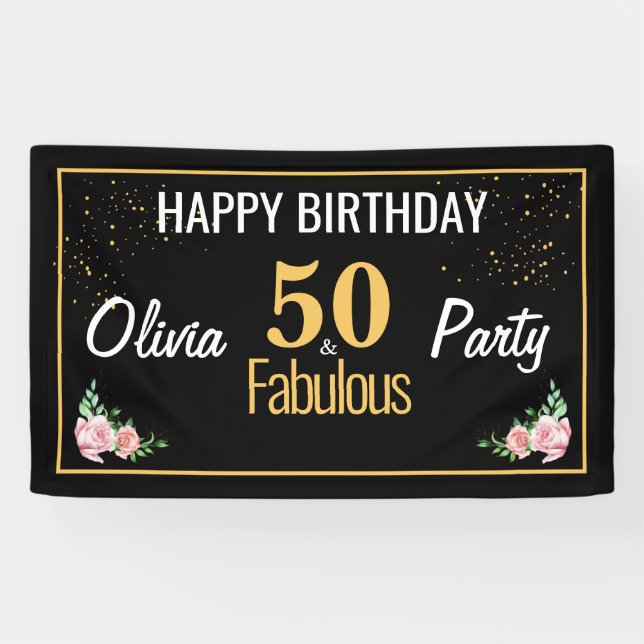 Black Gold 50th Birthday Banner with Pink Flowers (Horizontal)