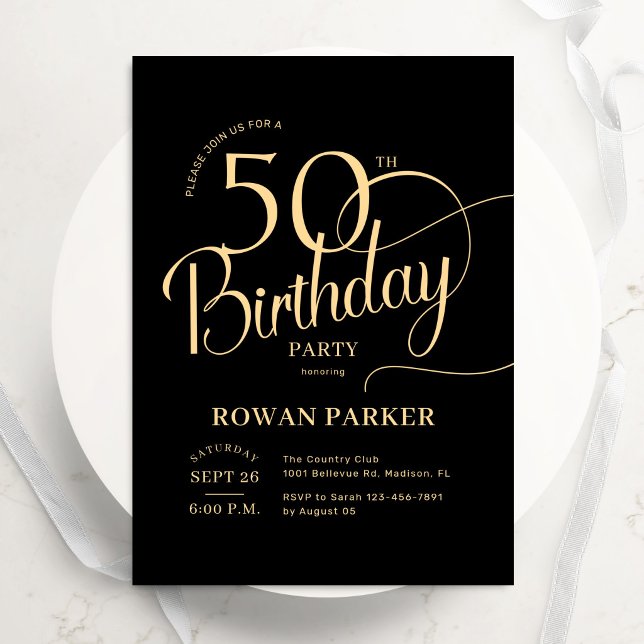 Black Gold 50th Birthday Elegant Script Invitation (Creator Uploaded)