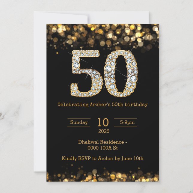 Black gold 50th birthday invitation (Front)