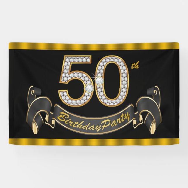 Black Gold 50th Birthday Party Banner (Horizontal)