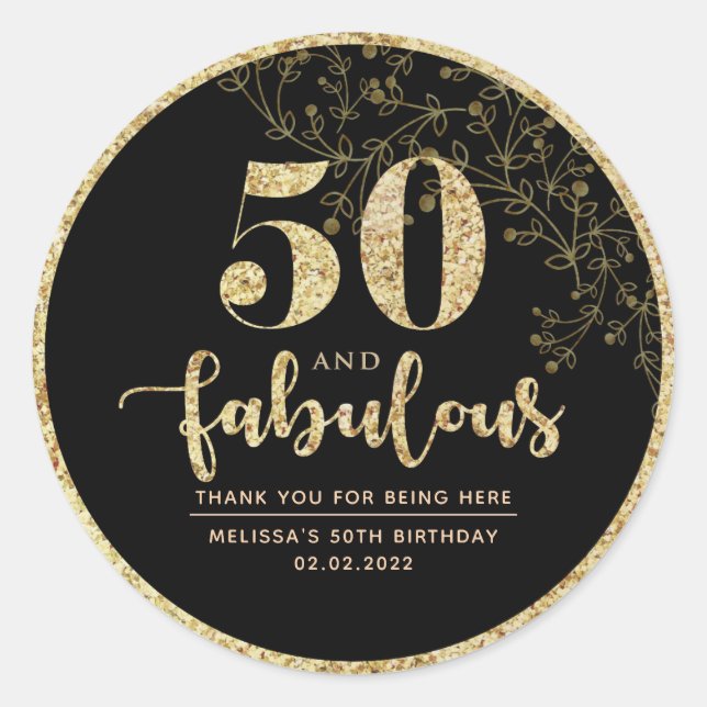 Black & Gold 50th Birthday Party Favor Sticker  (Front)